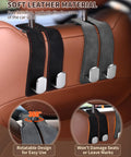 4 Pack Leather Car Headrest Hooks With Double Hooks Rotating 360 Degree Backseat Organizer Hangers installed on car seat