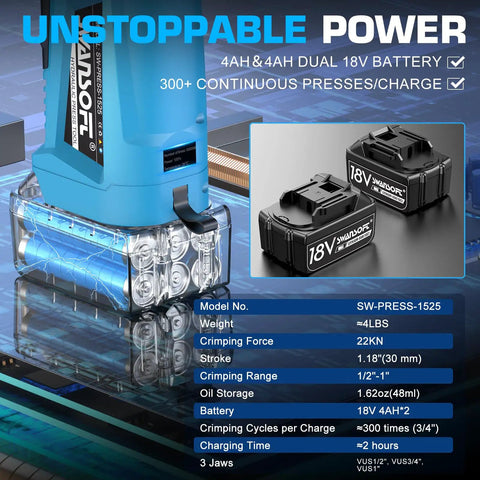 18V Cordless Hydraulic Pro Press Tool With 22kN Crimp Force For Copper Pipe Half Inch Three Quarter Inch And One Inch Heavy Duty Plumbing And HVAC Brushless Motor Long Lasting 4Ah Battery, with two 18V batteries