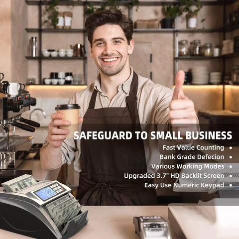 Fast Money Counter Machine For USD And EUR With Value Counting No Fuss Cash Counter Featuring UV IR MG DD DBL HLF CHN Counterfeit Detection Add And Value Modes Large LCD Display in cafe setting