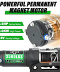 Diagram of 12V 3500 Lb Electric ATV UTV Winch motor, showcasing powerful permanent magnet design and specifications