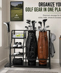 Heavy Duty Golf Bag Storage Rack For Two Bags With Shelves And Accessory Holders, Free Standing Golf Club Organizer For Home Or Garage, Keeps Bags Upright, Shoes And Towels Handy, Black with two full-size golf bags and accessories in a room.