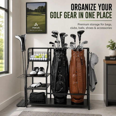 Heavy Duty Golf Bag Storage Rack For Two Bags With Shelves And Accessory Holders, Free Standing Golf Club Organizer For Home Or Garage, Keeps Bags Upright, Shoes And Towels Handy, Black with two full-size golf bags and accessories in a room.