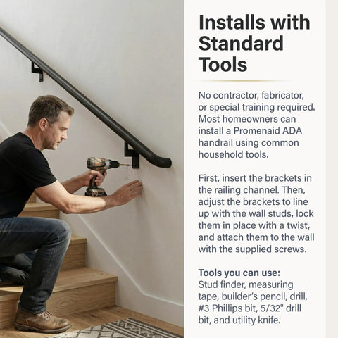 Man installing Ultra Slick Satin Black 1.5ft ADA Handrail Kit on indoor stair wall using a drill