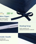 Close-up of navy blue Outdoor Chair Cushions Set Of 4 For Patio Furniture showing binding strap, hidden zipper, and portable handle.