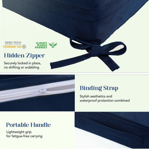 Close-up of navy blue Outdoor Chair Cushions Set Of 4 For Patio Furniture showing binding strap, hidden zipper, and portable handle.
