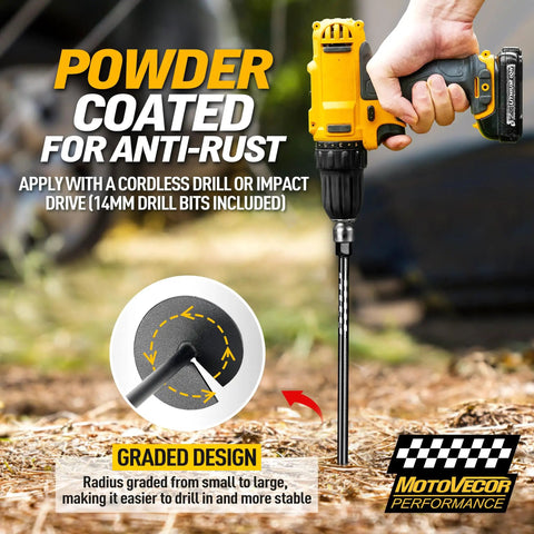 18 Inch Heavy Duty Screw In Ground Anchors Deliver A Hardcore 1000 Lb Hold Made From Tough Tungsten Steel With Easy Detachable Carabiner Clips For Swing Sets Tents Gazebos And Trampolines 4 Pack shown being installed with a drill.