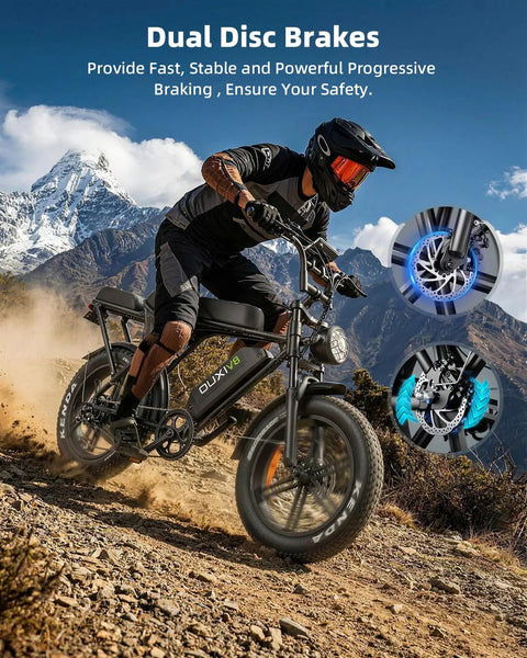 Rider on Beast 1000W Electric Bike For Adults With 20 Inch Wheels Removable 15.6Ah Battery in mountainous terrain