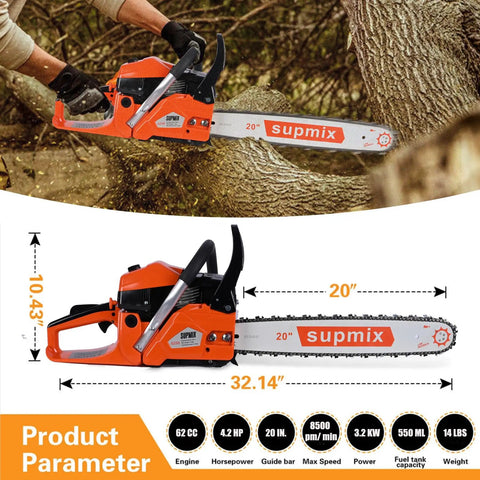 62Cc Gas Chainsaw With 20 Inch Bar For Heavy Duty Wood Cutting, two images showing use and dimensions.
