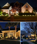 12W LED Landscape Lights 10 Pack Low Voltage Outdoor Spotlights Warm White Waterproof Pathway Garden Lights With Spike Stands along house pathways at night.