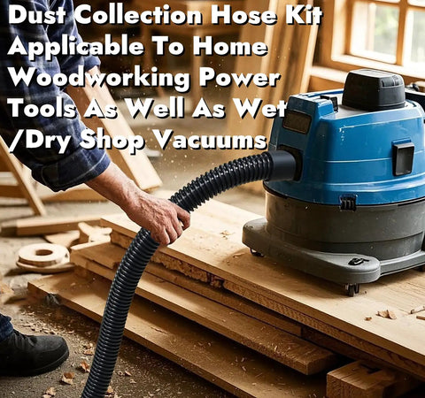 10 Foot Dust Collection Hose Kit With Five Threaded Adapters For Power Tools And Workshop Vacuums connected to blue shop vacuum