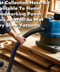 10 Foot Dust Collection Hose Kit With Five Fittings connected to wet dry shop vacuum in woodworking shop setting