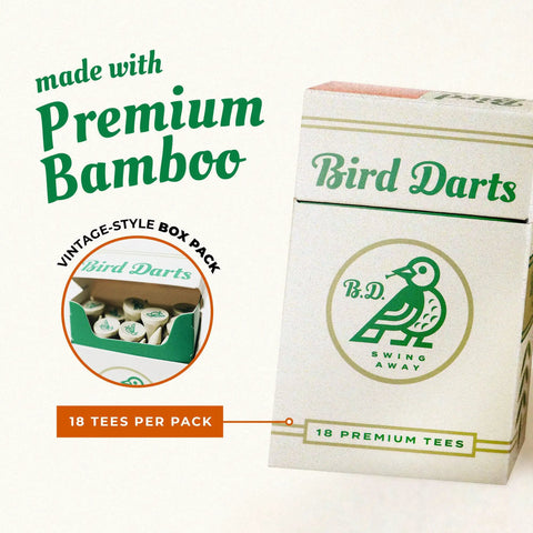 Premium Bamboo Golf Tees In Cigarette Style Pack Two And Three Quarter Inch Tees Durable Biodegradable Wood 18 Pack For Stylish Golfers Long Lasting Performance Lightweight Eco Friendly Tees For All Levels, vintage-style box with logo visible