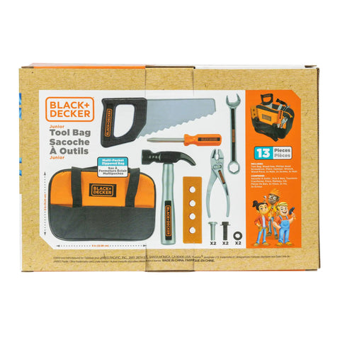 Box of Junior Tools Set In Sturdy Tool Bag With 13 Pieces For Kids Realistic Builder Kit featuring tools and tool bag illustration.
