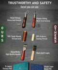 Comparison of high-quality and low-quality leather tooling supplies, including tools, thread, and mats.