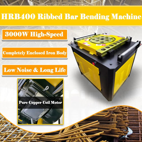 Heavy Duty Automatic Rebar Bender Machine For Steel Rods And Metal Bars 0 To 180 Adjustable Bending Angle With Smooth Running Motor in yellow and black.