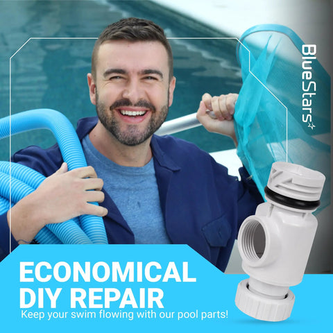 Universal Wall Fitting Quick Disconnect Replacement Part 9-100-3006 shown with man holding hose by pool