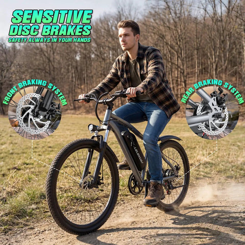 Ride Ready Adult Electric Bike 26 Inch Commuter showing front and rear disc brakes on a man riding in gray attire.