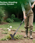 Two In One Weed Puller And Garden Hoe With Long Handle For Easy Weeding Heavy Duty Cast Steel Head And Stainless Shaft For Deep Root Dandelions And Crabgrass No Tool Switching Yard Tool, long handle in use
