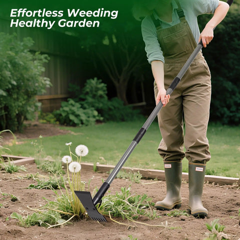 Two In One Weed Puller And Garden Hoe With Long Handle For Easy Weeding Heavy Duty Cast Steel Head And Stainless Shaft For Deep Root Dandelions And Crabgrass No Tool Switching Yard Tool, long handle in use