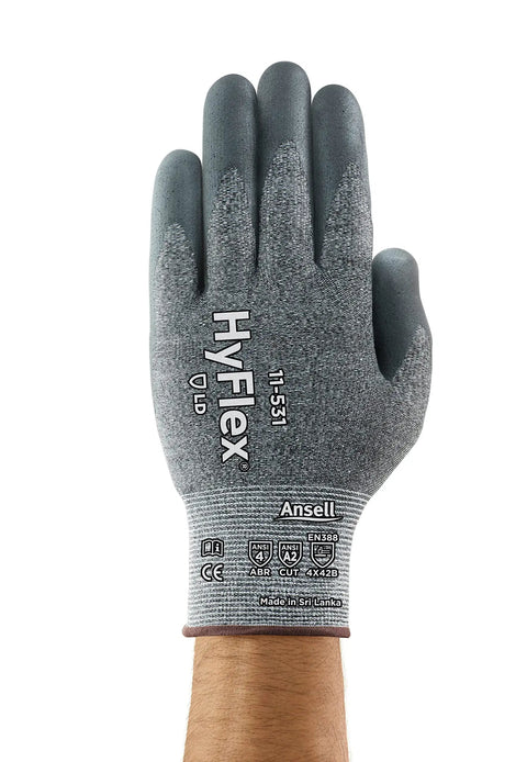 Hyflex 11-531 Cut Resistant Nylon Spandex Gloves With Grippy Foam Nitrile Palm For Fabrication And Automotive Work, Gray, XXL