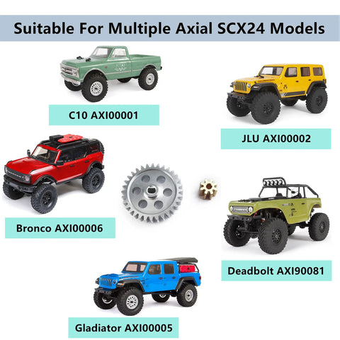 Beef Up 0.5M 32T Spur Gear And 8T Pinion Conversion Kit with multiple Axial SCX24 RC models for upgrades and accessories
