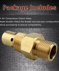 Pro Grade Brass Air Compressor Check Valve Replacement with One Half Inch Tank NPT, shown in product packaging, includes details on compatibility.