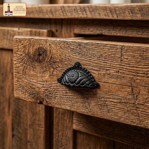 Matte Black Cup Drawer Pulls For Cabinets And Kitchen, shown on rustic wooden drawer, Mystic Colonial Style, cast iron detail, 3.7x2.1 inches