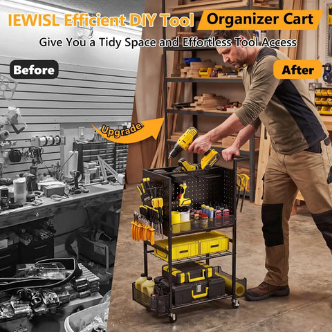 Heavy Duty Four Tier Metal Rolling Tool Cart With Pegboard And Storage Baskets For Garage And Shop Use Mobile Tool Organizer Keeps Tools And Parts In Reach For DIY Projects