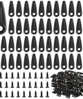 Front view of 50 black plastic picture frame backing clips with screws for hanging frames