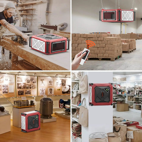 Beast Mode 270 Degree Air Filtration System with Built In Ionizer and 1080 CFM Dust Collector in various workshop settings