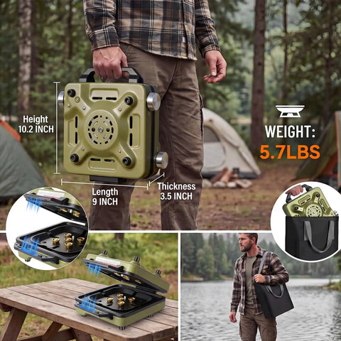 Man holding Two-Burner Propane Camping Stove With Windshield, 30000 BTU, Foldable Design, Independently Adjustable Heat, Coffee Stand