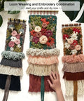 Three woven wall hangings with floral designs in various yarn colors, with a hand touching the bottom fringe sections.