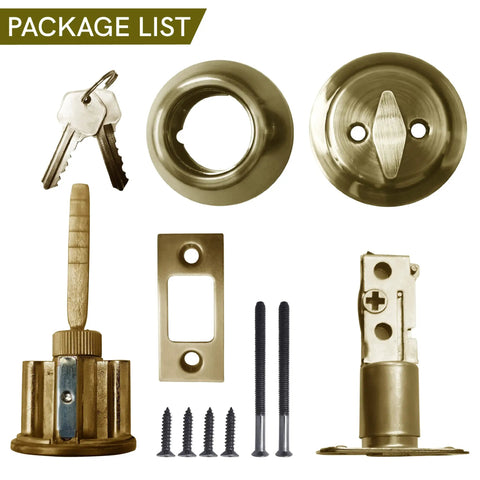 Package contents of Keyed Alike Single Cylinder Deadbolt Lock Set 4 Pack With Polished Brass Finish For Front Or Exterior Doors