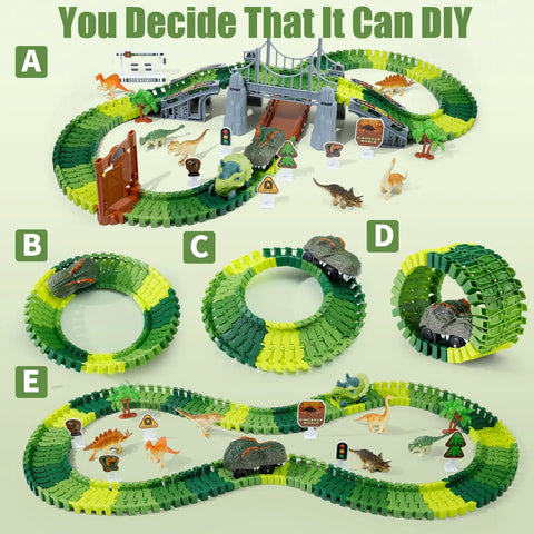Awesome Dinosaur Race Track Playset With 140 Tracks, Dinosaurs, Cars, Bridges, Ramps, and Traffic Lights setup options