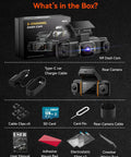 Box contents of Five Channel Dash Cam With 360 Degree View And WiFi 6 App, Free 128GB Card Included, showing all components.
