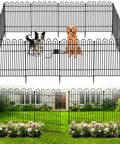 Durable No Dig Garden Fence With Gate 32 Inch Tall Panels 29 Inch Wide Rustproof Metal Outdoor Barrier in yard with dogs