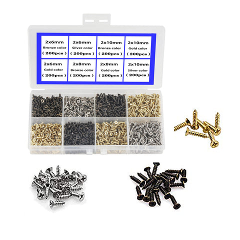 1600Pcs 2mm Phillips Flat Head Self Tapping Tiny Screws Set For DIY Woodworking And Electronics Cabinets Mini Screw Kit In Gold Silver Bronze Black Finishes For Precision Crafting And Micro Projects in assorted compartments