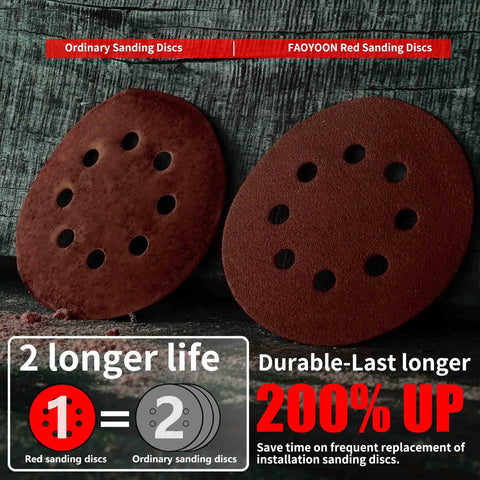 Comparison of ordinary and FAOYOON red sanding discs with 8 holes, showcasing durability and longevity in 5 Inch 8 Hole Orbital Sanding Discs Set.