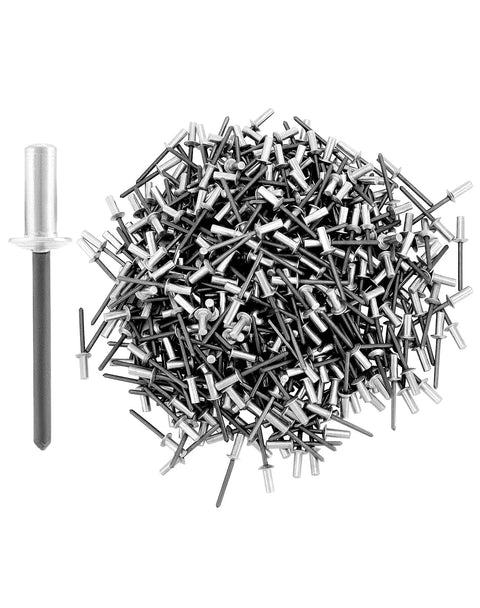 Tough As Nails Heavy Duty Closed End Aluminum Blind Rivets 500 Piece Pack 3/16 X 1/2 With Steel Mandrel in a pile.