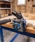 MortiseMate Loose Tenon Jig For Woodworking Easy Mortise Cutter with Auto Indexing on a workbench, ready for use