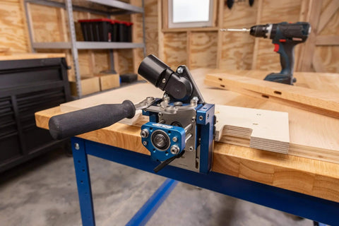 MortiseMate Loose Tenon Jig For Woodworking Easy Mortise Cutter with Auto Indexing on a workbench, ready for use