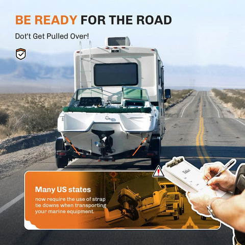 RV towing a boat on a trailer with text warning about tie down requirements for marine equipment transport on highway.