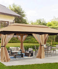 10x20 Outdoor Gazebo With Mosquito Netting installed on patio, all-weather beige steel frame canopy for shade and rain, big 200 sq ft shelter
