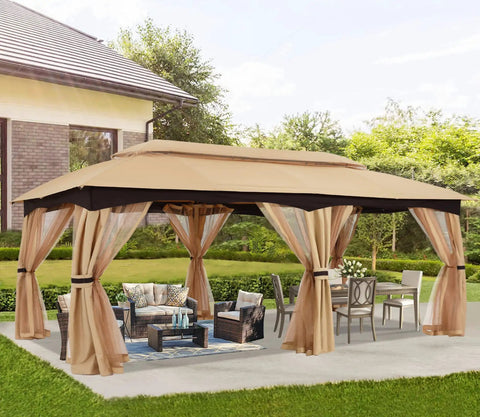 10x20 Outdoor Gazebo With Mosquito Netting installed on patio, all-weather beige steel frame canopy for shade and rain, big 200 sq ft shelter