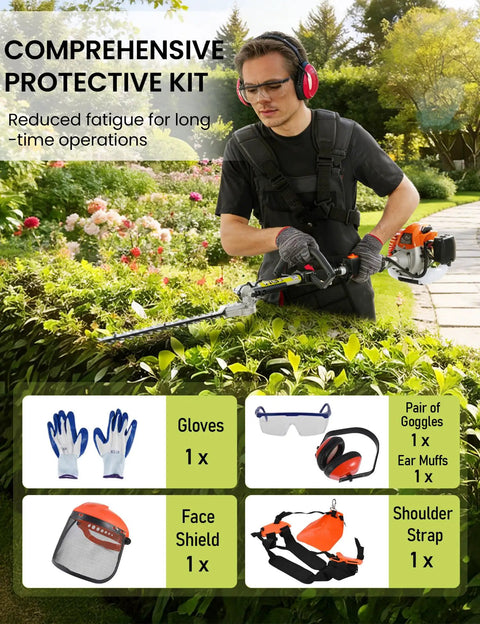 Person using Beast 5-In-1 Gas Powered Yard Tool With 52cc 2-Stroke Engine, wearing protective gear in garden