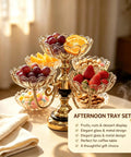 Smooth Spin Five Plate Amber Glass Serving Stand With Four Swivel Bowls And One Center Platter Gold Plated Bracket Black Crystal Details Quick Party Prep Head Turning Dessert Tray Decor with fruits and sweets.