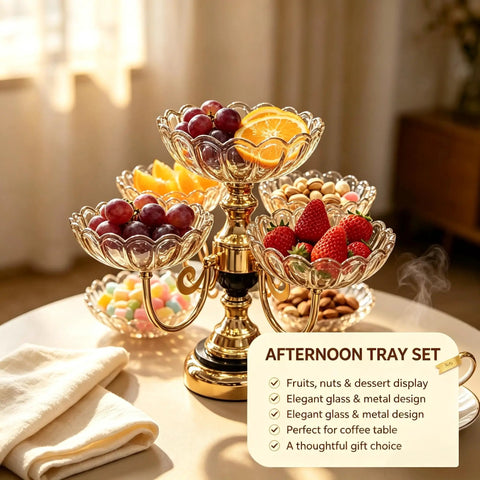 Smooth Spin Five Plate Amber Glass Serving Stand With Four Swivel Bowls And One Center Platter Gold Plated Bracket Black Crystal Details Quick Party Prep Head Turning Dessert Tray Decor with fruits and sweets.