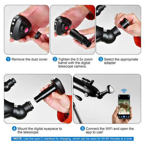 WiFi Digital Eyepiece for Telescopes and Microscopes assembly steps with 1080P HD video, 2MP photos, and real-time view to devices.