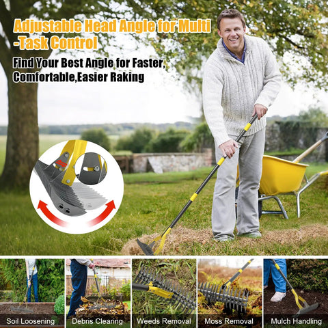 Person using Heavy Duty Pro Grade Thatch Rake For Lawns 15 Inch Dual Action Dethatcher With Sharp Blade For Dead Grass Removal And Soil Loosening Lawn Dethatching 70 Inch Manual Thatcher For Yard Garden And Lawn on lawn with wheelbarrow nearby.