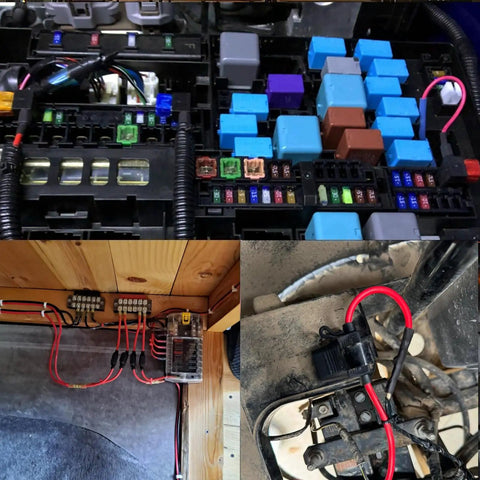 Close-up of 5 Pack Inline Fuse Holders With 16 AWG Waterproof Design And 5A ATC ATO Blade Fuses installed in vehicle and marine setups.